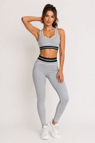 Grey Striped Band Gym Crop Top And Legging Set