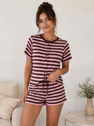 Chocolate With Pink Striped Button Front Crop Top With Shorts Set