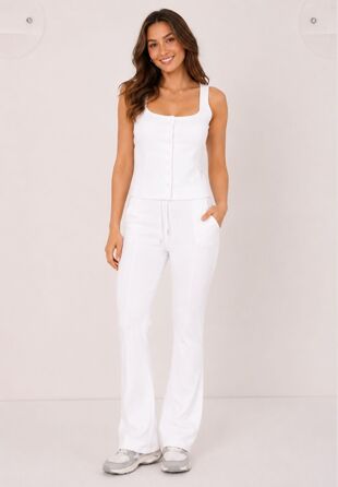 White Interlock Molly Button Tank Top With Flare Trouser