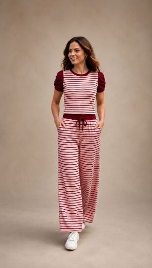 Ruched Short Sleeve Contrast Striped Top With Wide Leg Trouser