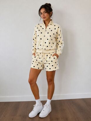 Butter Yellow Polka Dot 2 Stripe Zipped Sweatshirt With Short Set