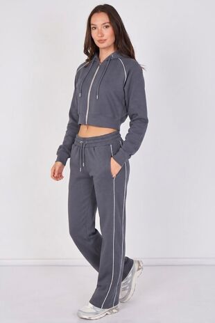 Grey Hooded Cropped Zip-Up & Side-Stripe Jogger Tracksuit Set
