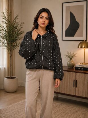 White Polka Dot Bubble Hem Zip Windbreaker Jacket-Copy
