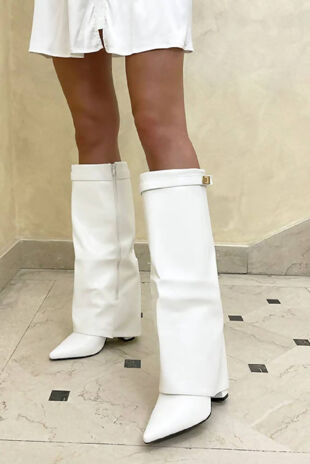 White Pointed Toe Gold Buckle Detail Knee High Boots