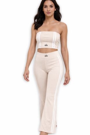 Beige Strapless Cropped Printed Top With Side Striped Flare Trouser