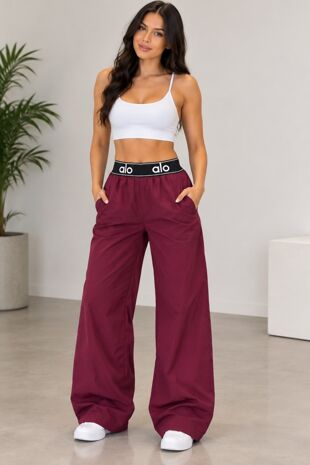 Wine Printed Contrast Waist Wide Leg Elastic Trousers