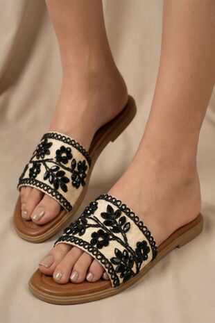 Black Floral Crystal And Pearl Embellished Flat Slider Sandals