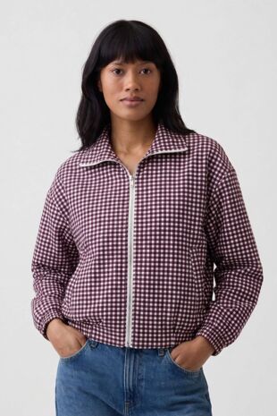 Gingham Check Print Zip-Up Cropped Jacket