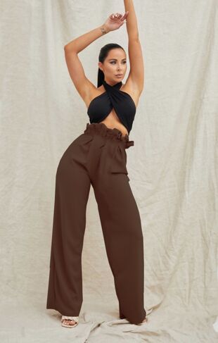 Chocolate Wide Leg Ribbed Palazzo Trouser