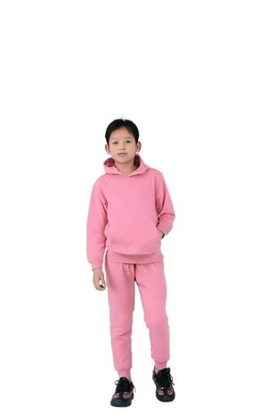 Pink Kids Plain Fleece Pullover Hooded Tracksuit