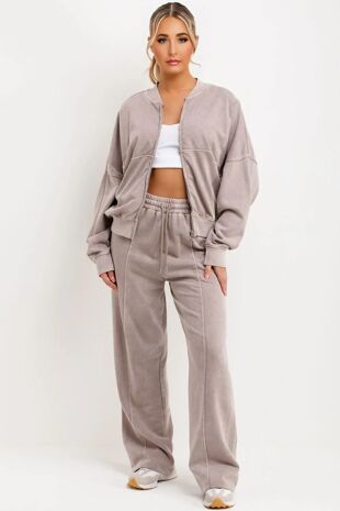 Dove Grey Acid Wash Bomber Sweatshirt With Straight Leg Trouser