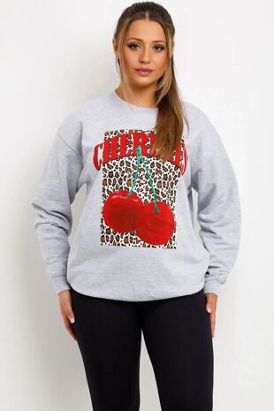 Grey Long Sleeve Leopard Base Cherry Print Sweatshirt