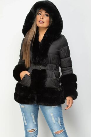 Black Faux Fur Trim Belted Puffer Hooded Coat