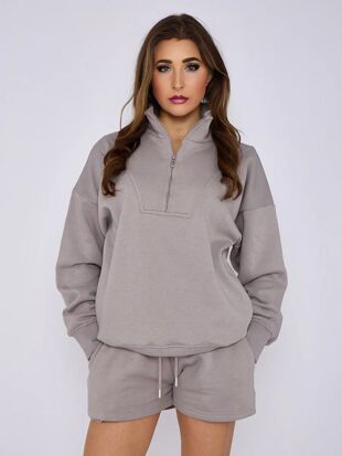 Dove Grey Half Zip Sweatshirt And Shorts Co-Ords Set