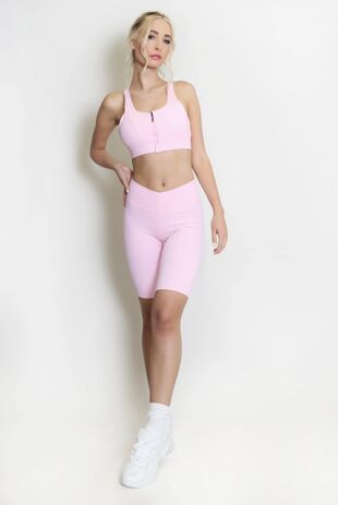 Pink Zip Front Gym Crop Top With Cycling Short Set