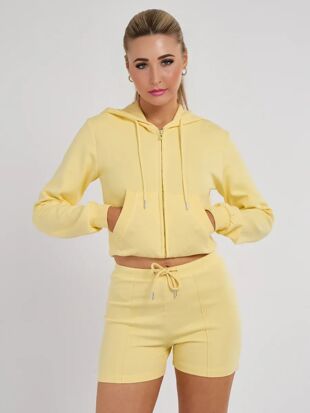 Yellow Cropped Hoodie With Seam Detail Short Set