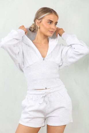 Bleach Grey Ribbed Corset Fit Hooded Short Set