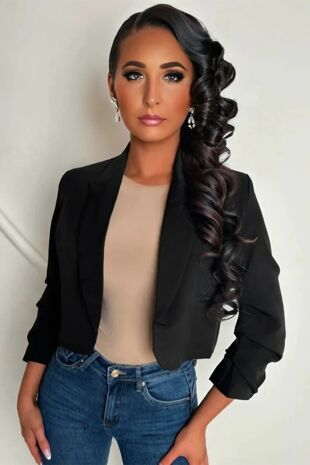 Black Ruched Sleeve Cropped Blazer