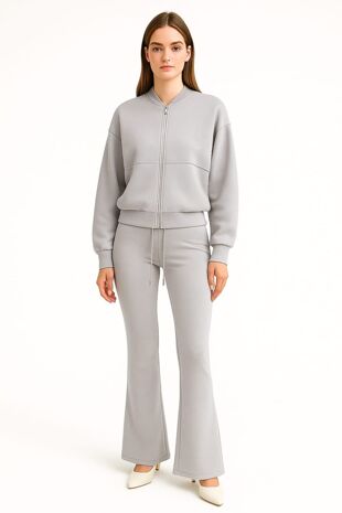 Dove Grey Bomber Sweatshirt With Flared Trouser