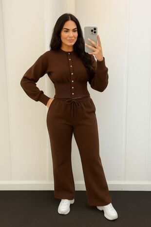 Chocolate Snap Buttons Corset Fit Sweatshirt With Wide Leg Trouser