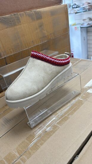 Beige With Red Slip on Low Platform Slippers