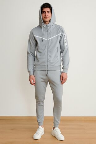 Grey Contrast Full-Zip Hooded Tracksuit