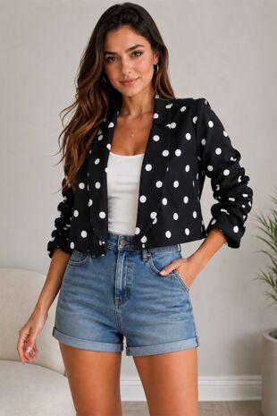Black Ruched Sleeve Polka Dot Cropped Blazer