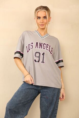 Plus Size Dove Grey Contrast Short Sleeve LA Varsity T-Shirt