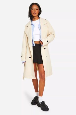 Beige Petite Trench Coat With Button Detail And Belted Waist