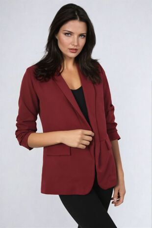 Wine Ruched Sleeve Blazer