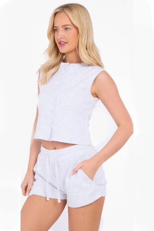 Bleach Grey Sleeveless Soft Rib Buttoned Crop Top And Shorts Set