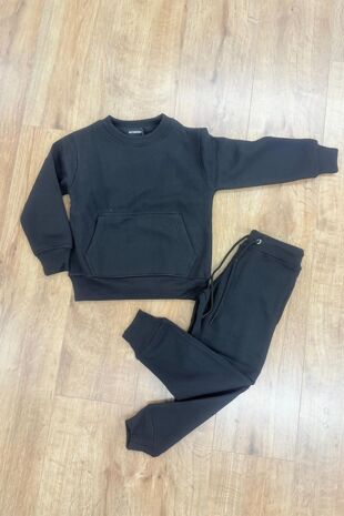 Black Kids Round Neck Sweatshirt With Bottom Tracksuits