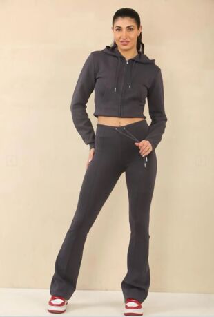 Slate Grey Cropped Zipped Hoodie With Bell Bottom Trouser
