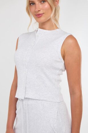 Bleach Grey Ribbed Sleeveless Button Up Top With Wide Leg Trouser