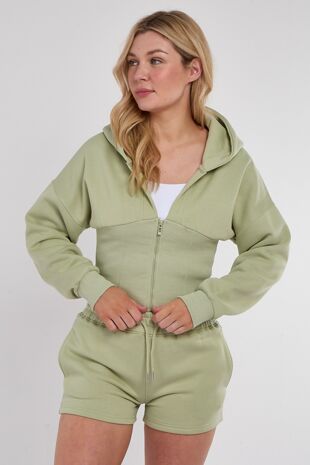 Sage Green Ribbed Corset Fit Hooded Short Set