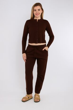 Brown Ribbed Molly Button Through Top and Wide Leg Trousers
