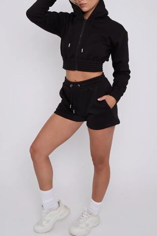 Black Cropped Zipped Hoodie And Short Co-Ords Set