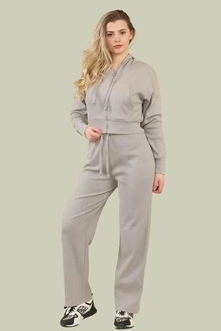 Dove Grey Soft Ribbed Zip Hoodie Set