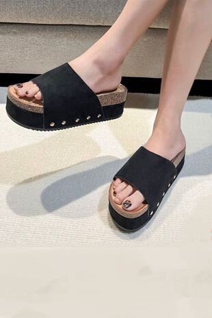 Black Studded Wedge Platform Slip On Sandals