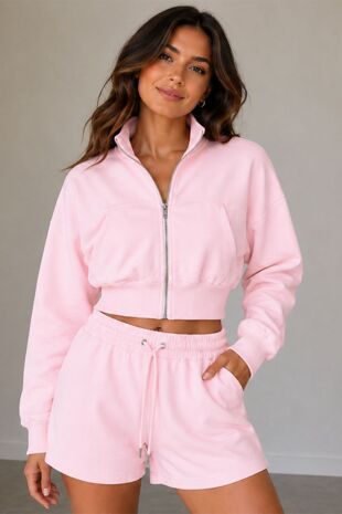 Pink Interlock Zipped Cropped Jacket With Short Set