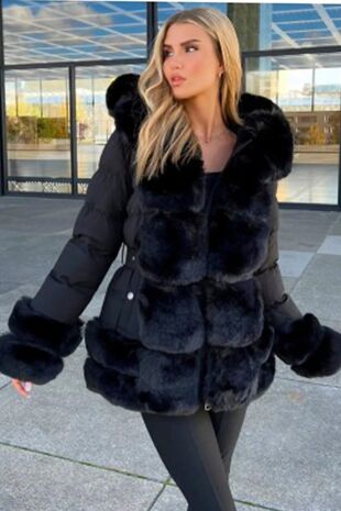 Black Fur Trim Seatbelt Buckle Puffer Coat