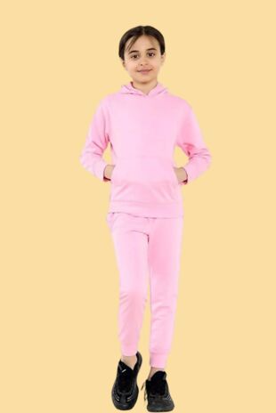 Pink Kids Plain Fleece Pullover Hoodie Casual Tracksuit