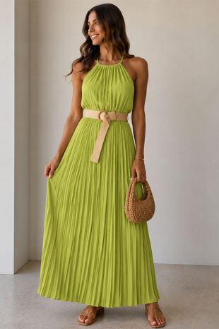 Sleeveless Elegant Pleated Waist Belt Halter Maxi Dress