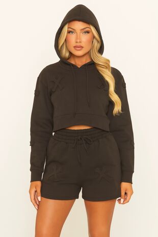 Black Crucifix Cross Cropped Hooded Short Set