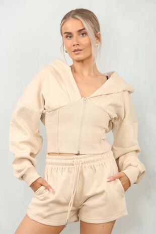Oatmeal Ribbed Corset Fit Hooded Short Set