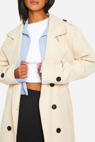 Beige Petite Button Detail Belted Trench Coat