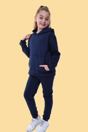 Navy Kids Plain Fleece Pullover Hoodie Casual Tracksuit
