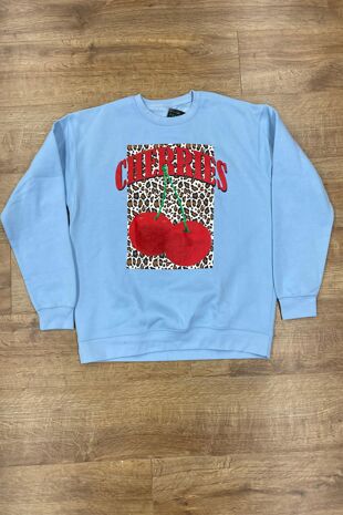 Blue Long Sleeve Leopard Base Cherry Print Sweatshirt