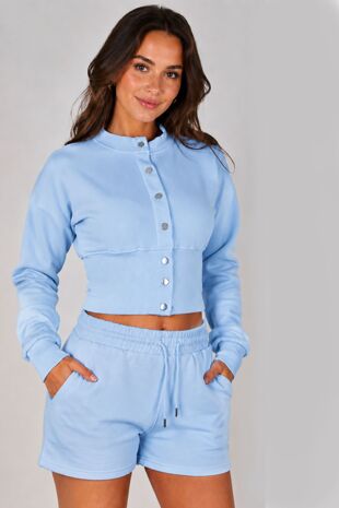 Blue Snap Buttons Corset Fit Sweatshirt With Short Co-Ord Set
