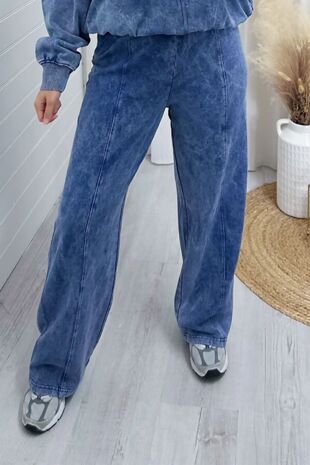 Blue Washed Fleece Wide Leg Joggers